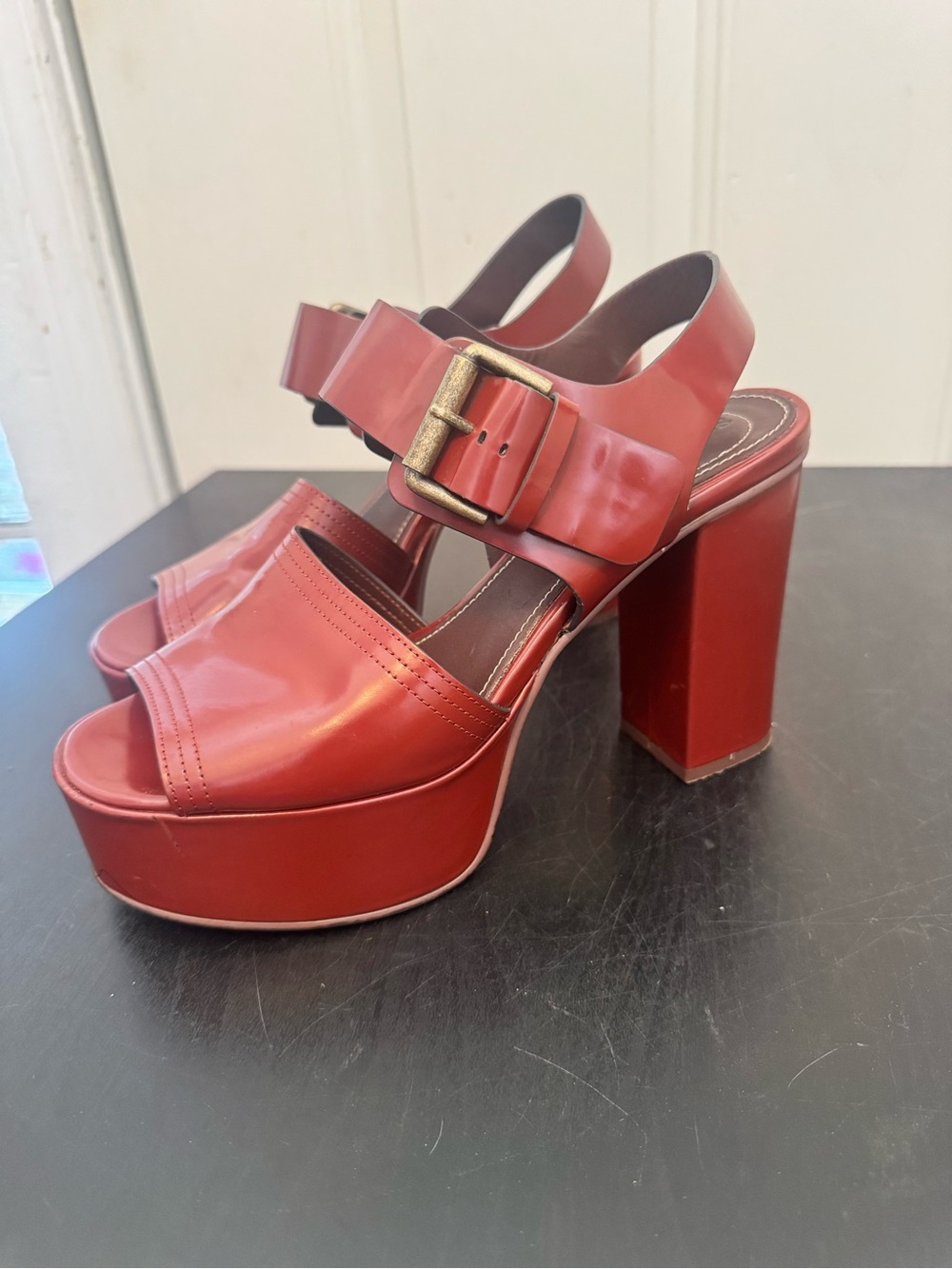 See By Chloe Lexy Platform Chunky Stacked Heel Sandals Bordeaux Brown 39 US 9